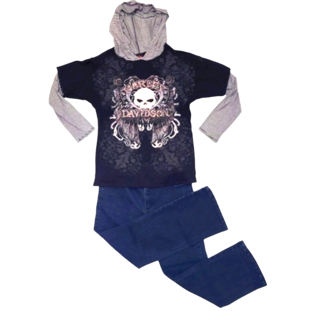 Harley-Davidson Graphic Hoodie T-Shirt Long Sleeve Top Layered HD Shiny Tee